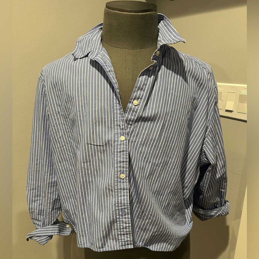 Gap Blue Striped Cropped Poplin Button Down XL